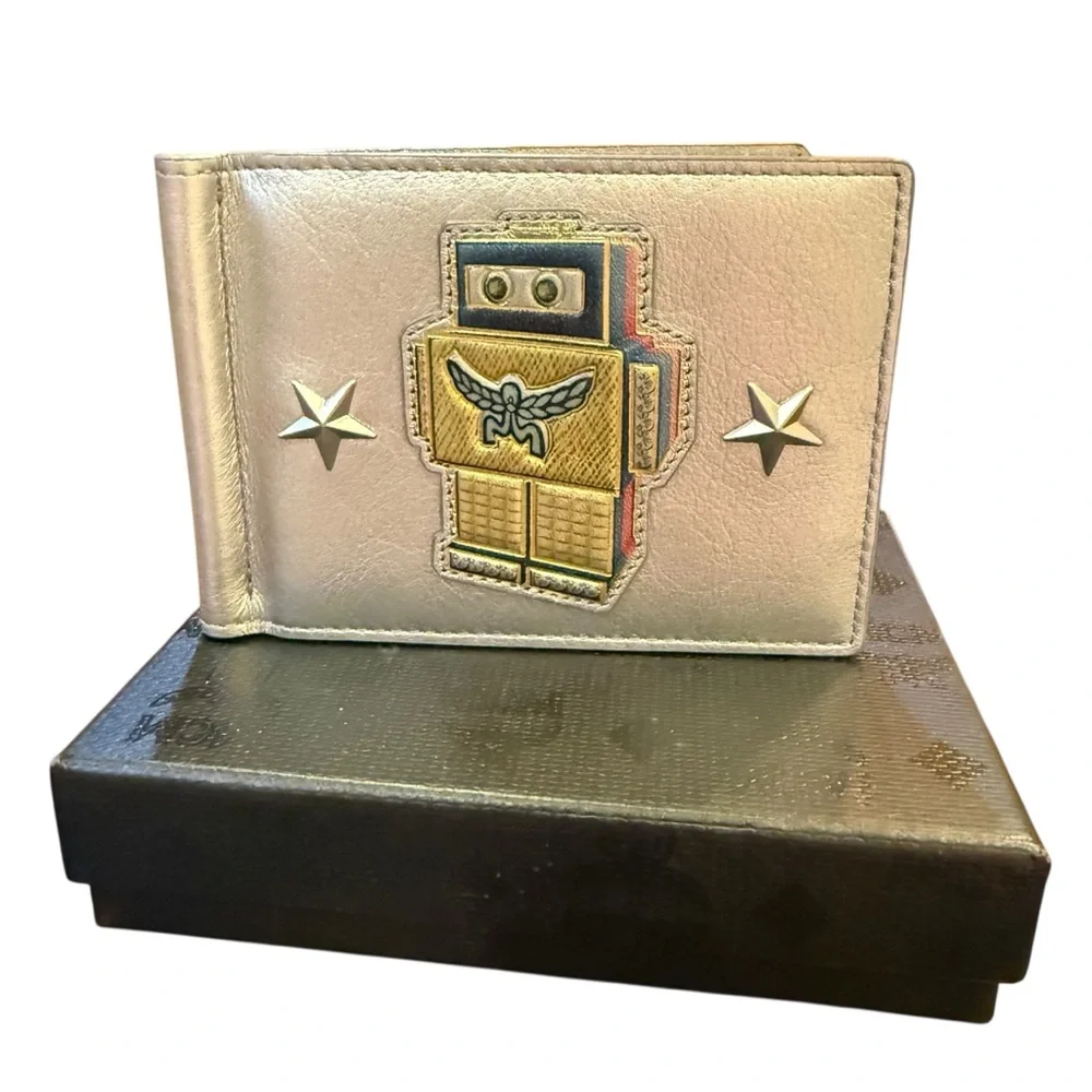 MCM Limited Edition Robot Bifold Silver Metallic Leather Wallet w/ Money Clip
